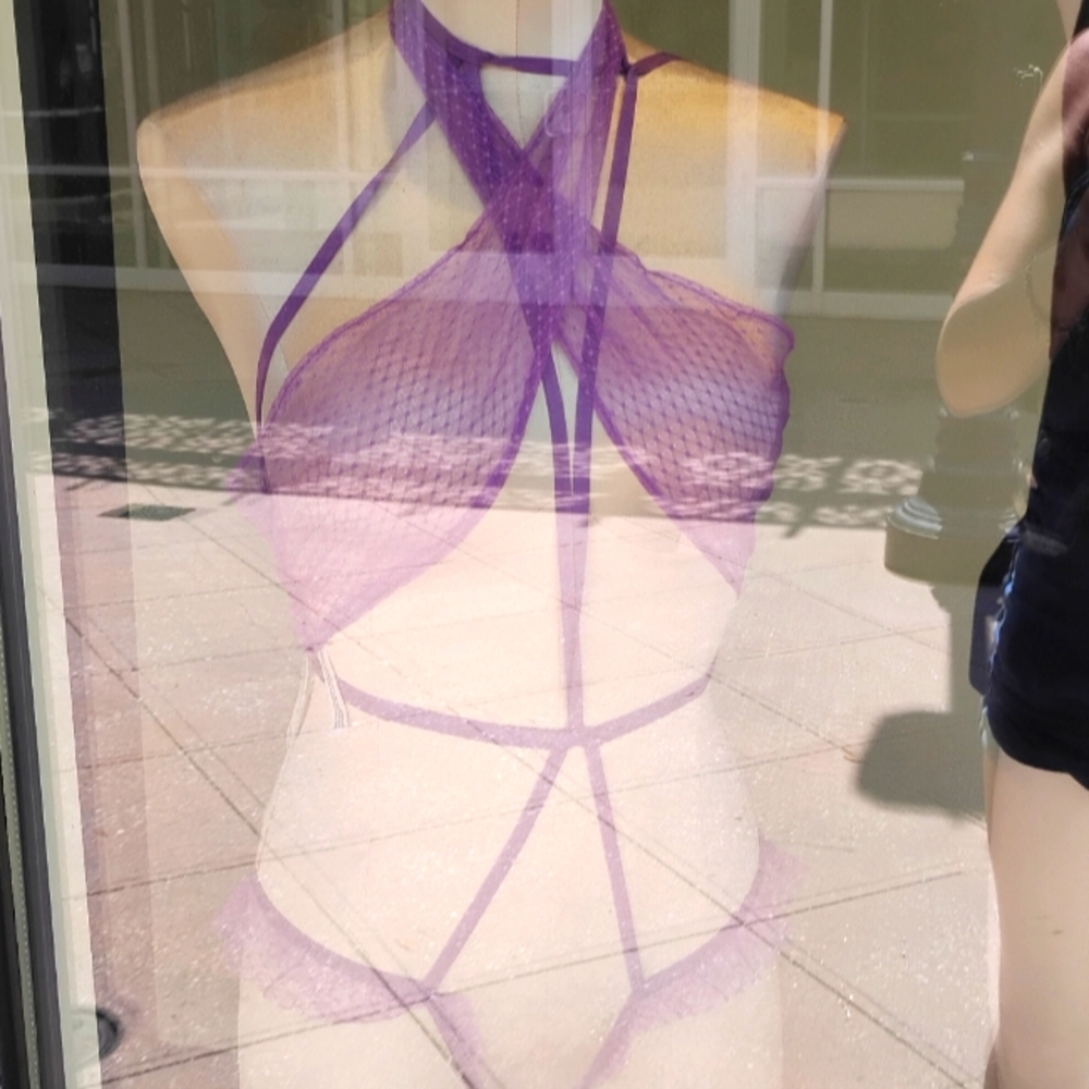 Bow Mesh Open-Cup Crotchless Playsuit Dark Purple Lilac